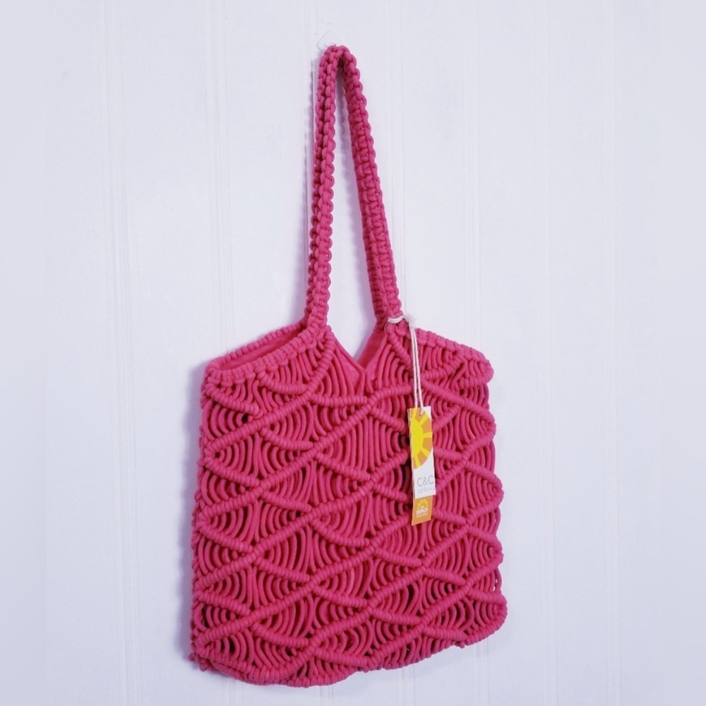 NWT C&C California Bag chunky woven pink tote purse beach bag crochet Macramé